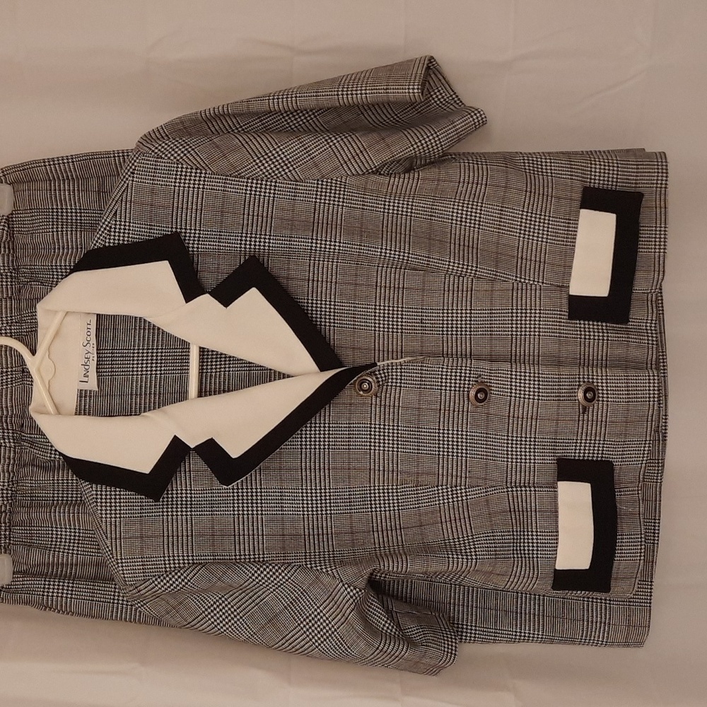 Gray Plaid Skirt Suit with Cream and Black Trim